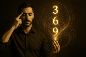 Fotorealistische Darstellung eines meditierenden Mannes, der mit geschlossenen Augen die 3-6-9 Manifestationstechnik visualisiert, während goldene Zahlen und energetische Wirbel über seiner Hand erscheinen.