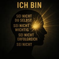 Schwarz-goldene Illustration eines Kopfprofils, gefüllt mit negativen Don’t-Skripts wie ‚Sei nicht du selbst‘ und ‚Sei nicht erfolgreich‘, die von einem strahlenden goldenen Licht im Kopfinneren durchbrochen werden. Darüber steht kraftvoll die Affirmation ‚ICH BIN‘.“