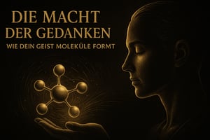 Gold-schwarze Illustration eines Menschen mit geschlossenen Augen, der ein leuchtendes Molekül über der Hand visualisiert, symbolisiert die Macht der Gedanken und wie der Geist Moleküle formt.