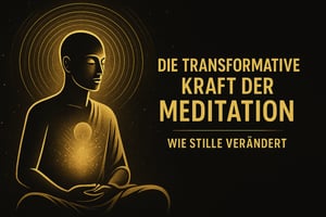 Gold-schwarze Illustration einer meditierenden Figur im Lotussitz mit leuchtendem Herz- und Kopfzentrum, symbolisiert die transformative Kraft der Meditation und die Veränderung durch Stille.