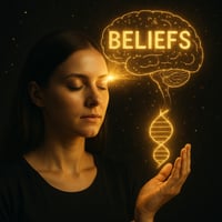Fotorealistische Darstellung einer Frau mit geschlossenen Augen, über deren Stirn ein goldenes Gehirn mit dem Wort „BELIEFS“ erscheint, verbunden mit einer leuchtenden DNA, symbolisiert die Macht von Glaubenssätzen und ihre Veränderung.