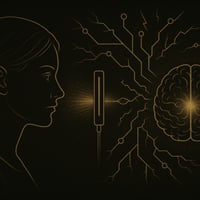 Gold-schwarze Illustration einer Frau, die einer EMDR-Lichtbewegung folgt, verbunden mit einem leuchtenden Gehirn und neuronalen Netzwerken, symbolisiert emotionale Entladung und Transformation alter Muster.