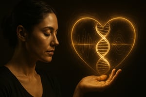 Fotorealistische Darstellung einer Frau mit geschlossenen Augen, die eine leuchtende goldene DNA im Herzsymbol über ihrer Hand hält, symbolisiert epigenetische Veränderung durch Emotion und bewusste Selbstneuprogrammierung.