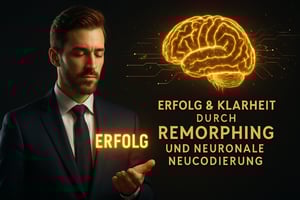Fotorealistische Darstellung eines Mannes im Anzug, der das leuchtende Wort „Erfolg“ in seiner Hand hält, während ein goldenes Gehirn mit neuronalen Verbindungen über ihm schwebt, symbolisiert Klarheit und Erfolg durch Remorphing und neuronale Neucodierung.