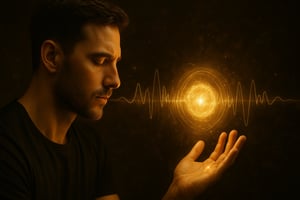 Fotorealistische Darstellung eines Mannes, der eine goldene Energie-Kugel in seiner Hand visualisiert, umgeben von pulsierenden Frequenzwellen, symbolisiert die Entstehung von Realität durch Schwingung und Bewusstsein.