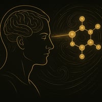 Gold-schwarze Illustration eines fokussierten menschlichen Profils, dessen Geist gezielt ein Molekül beeinflusst, symbolisiert bewusste Steuerung von Materie und Molekülen durch Gedanken im Remorphing.