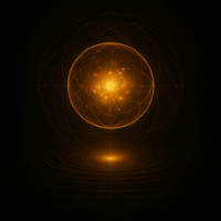 Goldene, leuchtende Energiesphäre mit konzentrischen Frequenzkreisen auf schwarzem Hintergrund, symbolische Darstellung von Heilfrequenzen im REMORPHING Stil