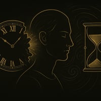 Gold-schwarze Illustration mit zerbrechender Uhr, Sanduhr und meditativem menschlichen Profil, symbolisiert das Durchbrechen der Zeitillusion und den Zugang zum Jetzt-Bewusstsein durch Remorphing.