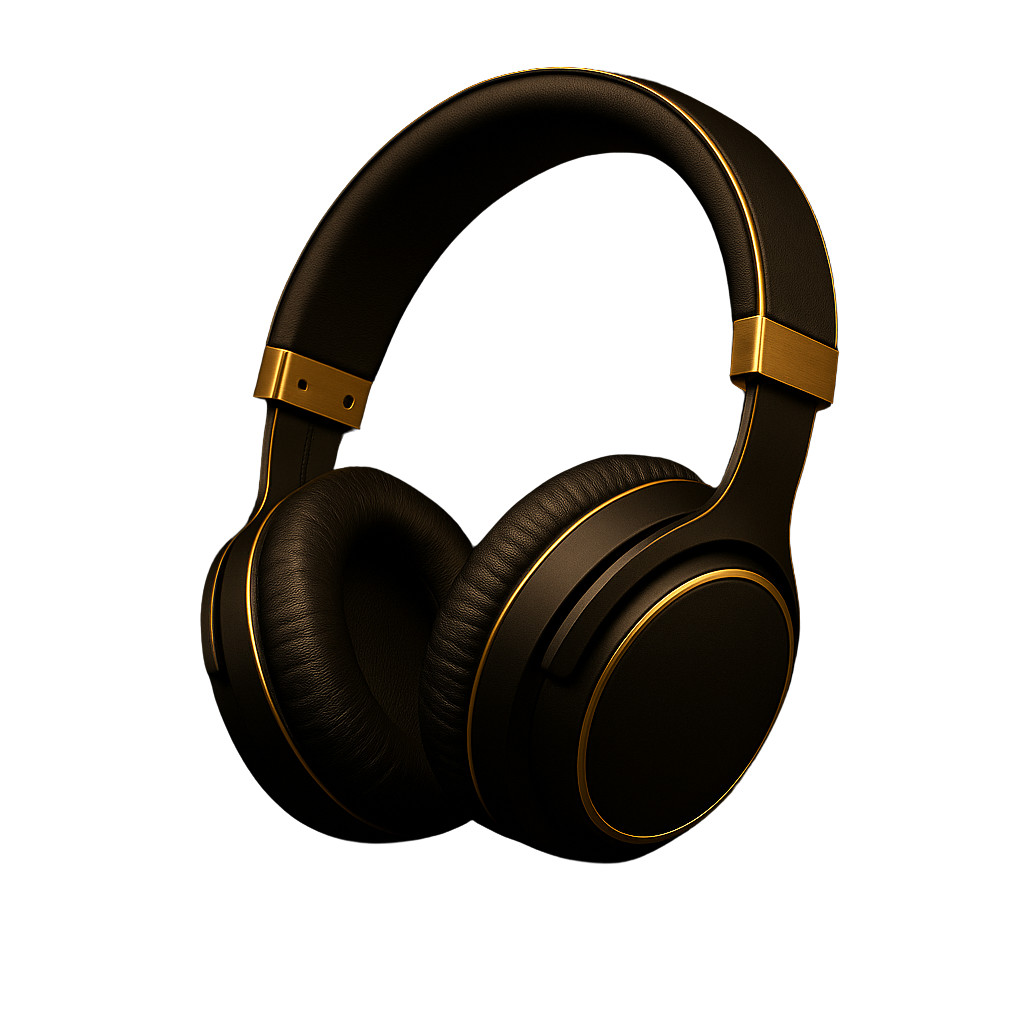 Schwarze Premium-Kopfhörer mit goldenen Akzenten vor schwarzem Hintergrund, hochwertiges Audio-Equipment für Meditation, Frequenzarbeit und Remorphing-Anwendungen.