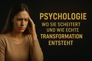Fotorealistische Darstellung einer nachdenklichen Frau, die sich an die Stirn fasst, neben dem goldenen Text „Psychologie: Wo sie scheitert und wie echte Transformation entsteht“, symbolisiert Grenzen klassischer Psychologie und den Weg zu tiefer Veränderung.