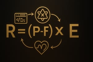 Gold-schwarze Illustration der REMORPHING Veränderungsformel R = (P – F) × E mit Symbolen für Programmierung, falsche Programme und Emotionen, dargestellt als modernes, futuristisches Transformationsdiagramm.