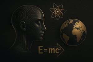 Futuristische schwarz-gold Illustration zu REMORPHING und Wissenschaft, mit menschlichem Kopf, Atommodell, Erde und E=mc², symbolisiert bewusstes Gestalten der Realität durch Energie, Frequenz und Bewusstsein.