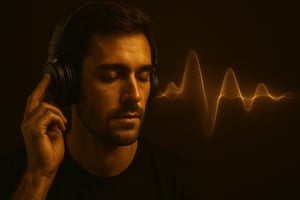 Fotorealistische Darstellung eines Mannes mit Kopfhörern, der mit geschlossenen Augen goldene Schallwellen wahrnimmt, symbolisiert die gezielte Nutzung von Silent Subliminals im Remorphing.
