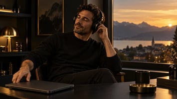 Mann hört nach einem Arbeitstag mit Kopfhörern ein Audio und legt den geschlossenen Laptop beiseite