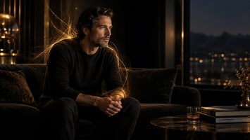 Mann sitzt abends mit einer Tasse in einem ruhigen Raum und nimmt ihre innere Anspannung wahr