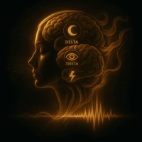 Goldenes, cineastisches Profil eines Kopfes vor fast schwarzem Hintergrund, sichtbar gezeichnetes Gehirn mit Symbolen für Delta, Theta und Gamma, umgeben von leuchtenden, goldenen Energieschlieren und einer feinen Gehirnwellenkurve.