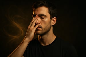 Fotorealistische Nahaufnahme eines Mannes, der eine transformative Atemtechnik mit geschlossenem Auge ausführt, um Stress zu lösen und innere Balance zu fördern.