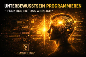 Unterbewusstsein programmieren – Mensch mit leuchtendem Gehirn und blockierenden Gedanken wie Zweifel, Angst und Mangel