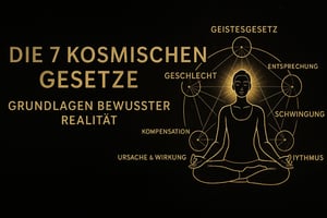 Gold-schwarze Illustration der sieben kosmischen Gesetze mit meditierender Figur und leuchtenden geometrischen Kreisen, symbolisiert die Grundlagen bewusster Realität und spiritueller Gesetzmäßigkeiten.