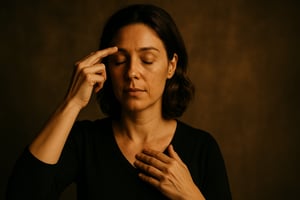 Fotorealistische Nahaufnahme einer Frau, die mit geschlossenen Augen EFT-Klopftechniken an Stirn und Brust anwendet, symbolisiert das Lösen emotionaler Blockaden und den Abbau von Stress.