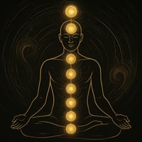 Gold-schwarze Illustration einer meditierenden Figur mit sieben leuchtenden Energiezentren, symbolisiert inneres Gleichgewicht, Transformation und bewusste Ausrichtung im Remorphing.