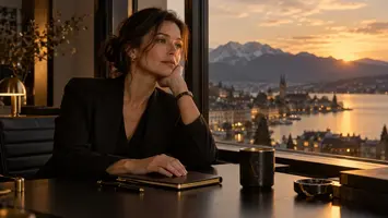Erschöpfte Frau hält am Abend im Büro inne und blickt in die Abendsonne