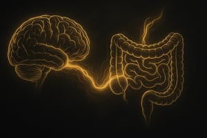 Gehirn-Darm-Verbindung im Remorphing-Stil, schwarze und goldene Illustration von Gehirn und Darm mit Energiefluss, symbolisiert bewusste Steuerung der Realität und ganzheitliche Transformation.