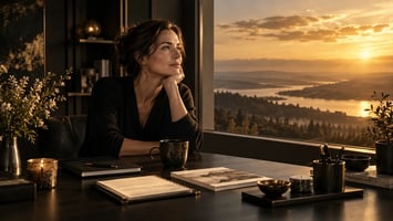 Frau blickt nachdenklich aus einem Fenster auf eine goldene Landschaft