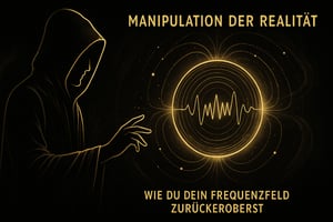 Gold-schwarze Illustration einer Kapuzenfigur, die ein schwingendes Energie-Feld berührt, symbolisiert Manipulation der Realität und die Rückeroberung des eigenen Frequenzfeldes im Remorphing.