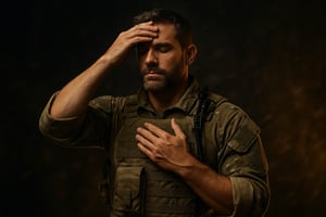 Fotorealistische Aufnahme eines Navy-SEAL-Soldaten, der eine Atem- und Beruhigungstechnik mit geschlossenen Augen ausführt, symbolisiert schnellen Stressabbau in weniger als fünf Minuten.