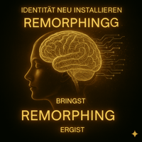 Schwarz-goldenes REMORPHING® Motiv mit seitlichem Kopfprofil, leuchtendem Gehirn als vernetzter Schaltkreis und der Überschrift „Identität neu installieren – REMORPHING“, als Symbol für das Neuprogrammieren der eigenen Identität.
