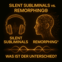 Schwarz-goldenes REMORPHING® Vergleichsbild: links Kopfhörer als Symbol für Silent Subliminals, rechts ein leuchtender Wireframe-Kopf für REMORPHING®, dazwischen Frequenzwellen und der Titel „Silent Subliminals vs. REMORPHING® – Was ist der Unterschied?“.