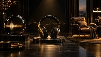 Kopfhörer stehen zwischen einer Darstellung von Audiowellen und einem ruhigen Sessel