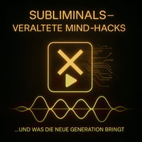 Schwarz-goldenes REMORPHING® Motiv mit leuchtender App-Icon-Kachel, überkreuztem X über einem Play-Symbol, goldenen Schaltkreislinien, Wellenform und der Aufschrift „SUBLIMINALS – VERALTETE MIND-HACKS … UND WAS DIE NEUE GENERATION BRINGT“ als Symbol für überholte Subliminal-Techniken und moderne Next-Gen-Mindcoding.