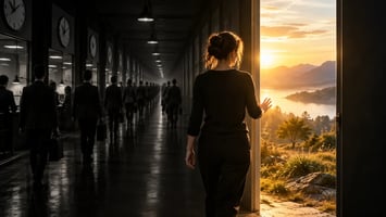Frau verlässt einen dunklen Arbeitsalltag und blickt in eine helle Landschaft