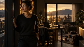 Frau steht nachdenklich am Fenster, während Aufgaben und Alltag im Hintergrund auf sie warten