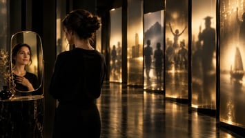 Frau betrachtet ihr Spiegelbild, während im Hintergrund die Silhouetten anderer Menschen zu sehen sind