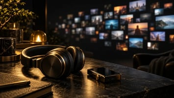 Schwarze Kopfhörer und ein Audiogerät liegen vor einer unscharfen Auswahl verschiedener Videos