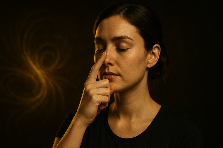 Fotorealistische Aufnahme einer Frau, die die 4-7-8-Atemtechnik ausführt, mit geschlossenen Augen und sanfter Nasenraumatmung, um schneller einzuschlafen und den Körper zu entspannen.