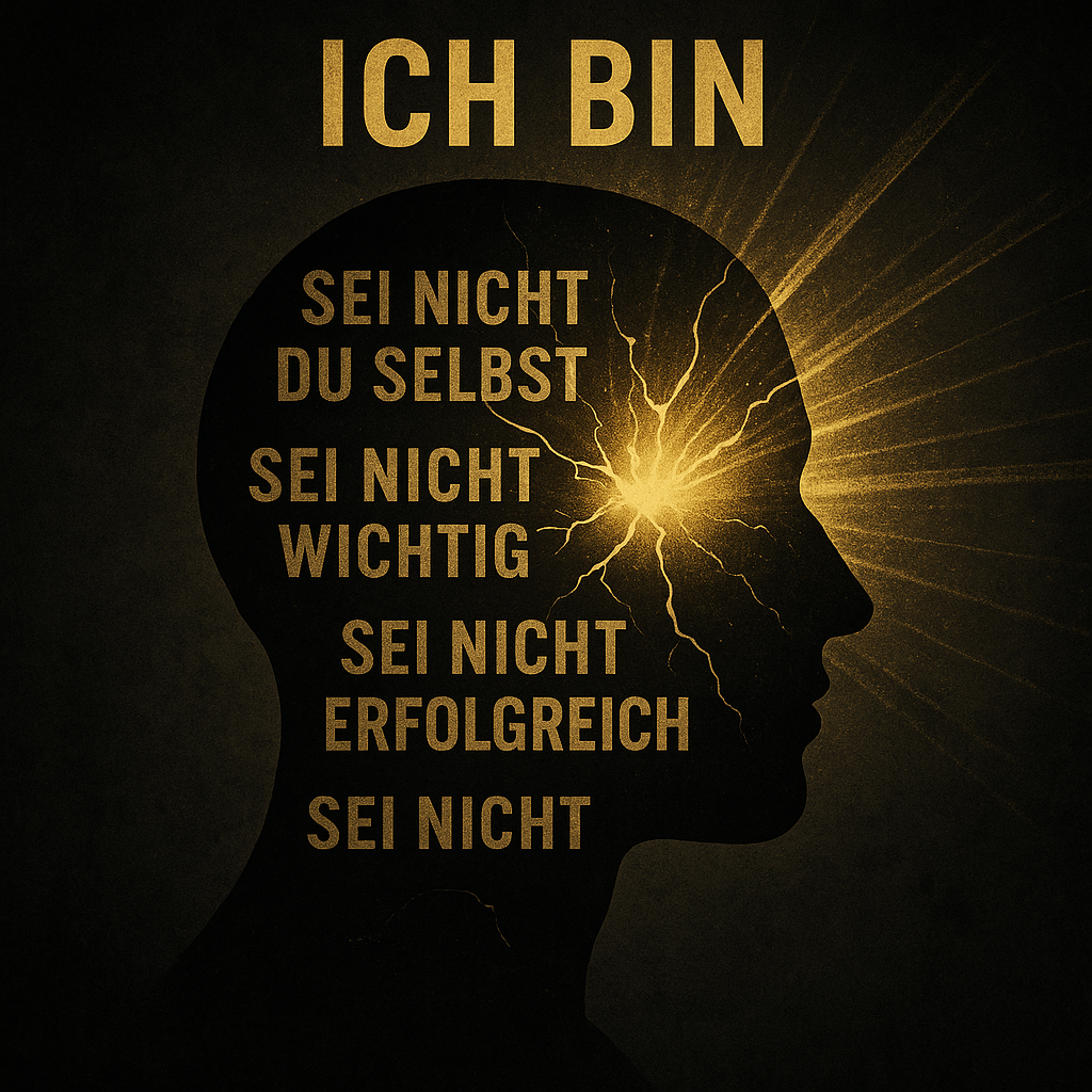 Schwarz-goldene Illustration eines Kopfprofils, gefüllt mit negativen Don’t-Skripts wie ‚Sei nicht du selbst‘ und ‚Sei nicht erfolgreich‘, die von einem strahlenden goldenen Licht im Kopfinneren durchbrochen werden. Darüber steht kraftvoll die Affirmation ‚ICH BIN‘.“