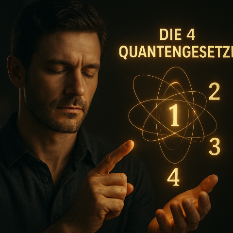 Fotorealistische Darstellung eines Mannes, der ein leuchtendes Atom mit der Zahl 1 berührt, während daneben die vier Quantengesetze erscheinen, symbolisiert das Verständnis und die Anwendung quantenbasierter Prinzipien.