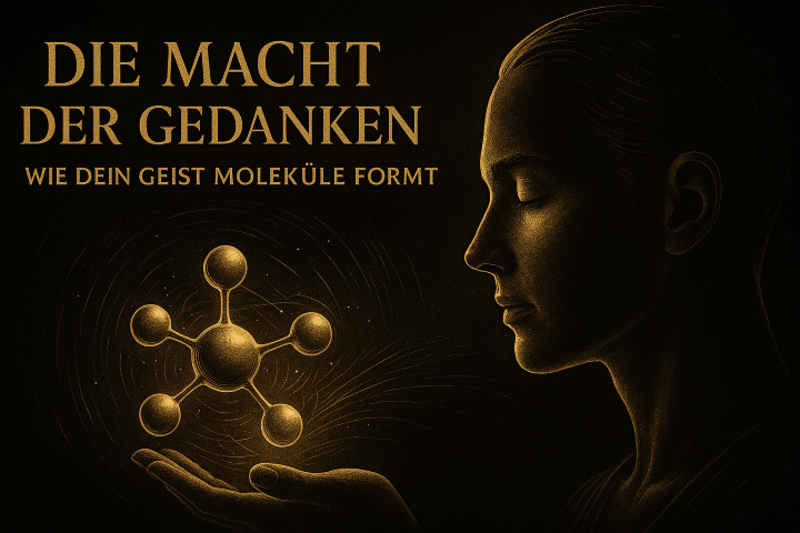 Gold-schwarze Illustration eines Menschen mit geschlossenen Augen, der ein leuchtendes Molekül über der Hand visualisiert, symbolisiert die Macht der Gedanken und wie der Geist Moleküle formt.