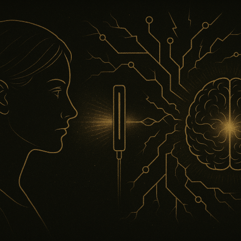 Gold-schwarze Illustration einer Frau, die einer EMDR-Lichtbewegung folgt, verbunden mit einem leuchtenden Gehirn und neuronalen Netzwerken, symbolisiert emotionale Entladung und Transformation alter Muster.