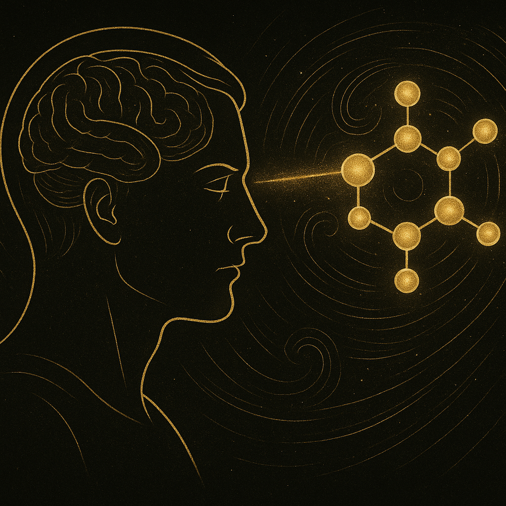 Gold-schwarze Illustration eines fokussierten menschlichen Profils, dessen Geist gezielt ein Molekül beeinflusst, symbolisiert bewusste Steuerung von Materie und Molekülen durch Gedanken im Remorphing.