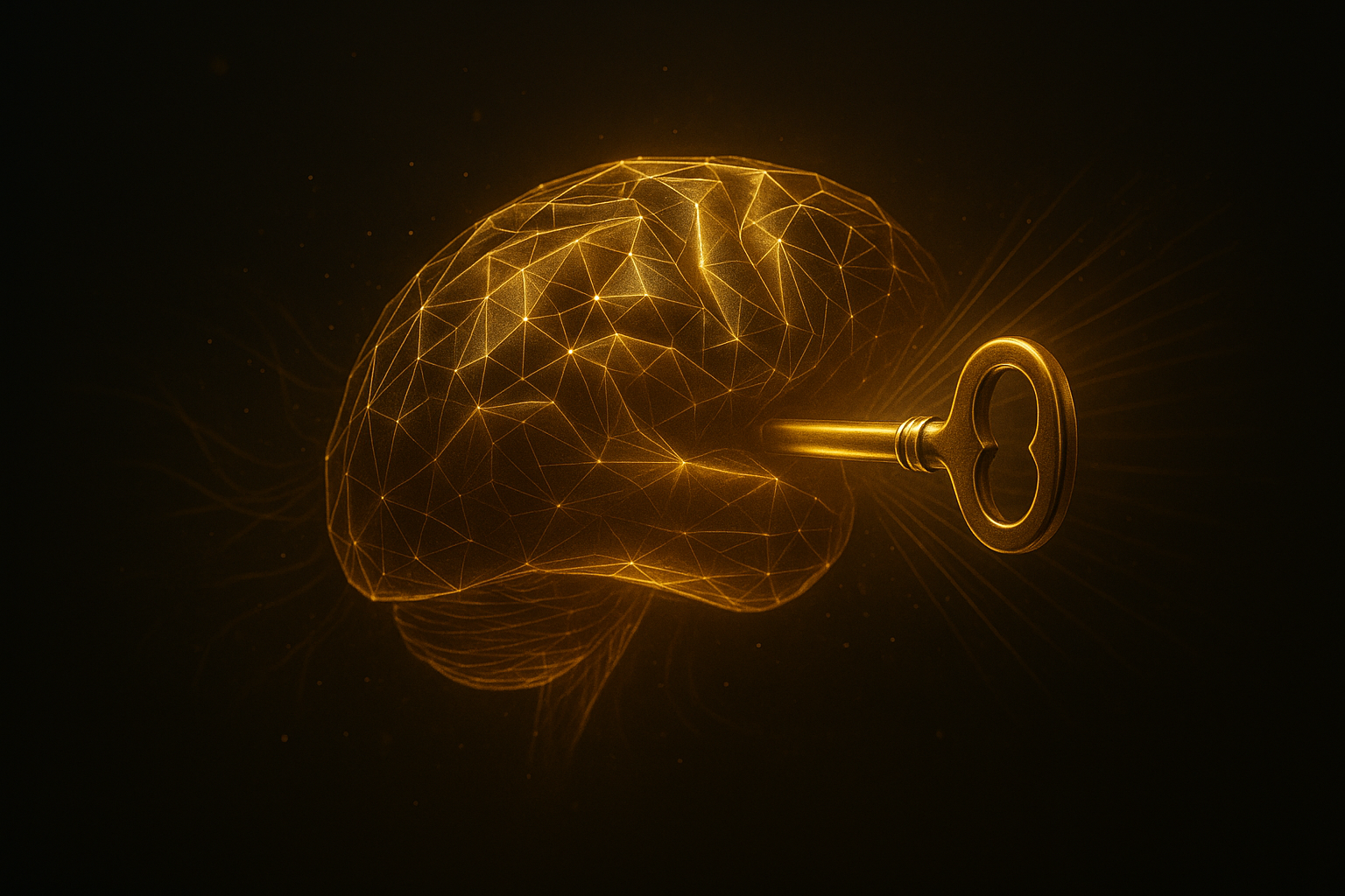 Goldenes, geometrisch leuchtendes Gehirn mit einem Schlüssel, der symbolisch das Bewusstsein öffnet. Darstellung von Mindset-Transformation, inneren Programmen und Frequenzarbeit im REMORPHING Reality-Shift.