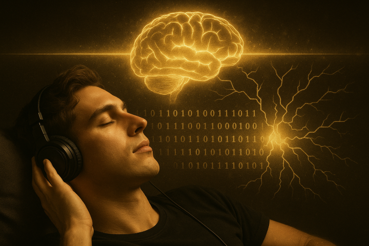 Fotorealistische Darstellung eines entspannten Mannes mit Kopfhörern, während ein leuchtendes goldenes Gehirn und digitale Codes sein Unterbewusstsein symbolisch programmieren, repräsentiert die Wirkung von Hemi-Sync und Remorphing.