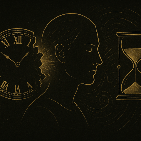 Gold-schwarze Illustration mit zerbrechender Uhr, Sanduhr und meditativem menschlichen Profil, symbolisiert das Durchbrechen der Zeitillusion und den Zugang zum Jetzt-Bewusstsein durch Remorphing.