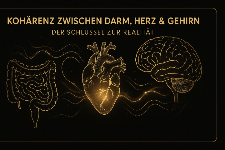 Gold-schwarze Illustration der Kohärenz zwischen Darm, Herz und Gehirn, mit leuchtenden Energieverbindungen, die den Einfluss dieser drei Zentren auf Wahrnehmung und Realität im Remorphing erklären.