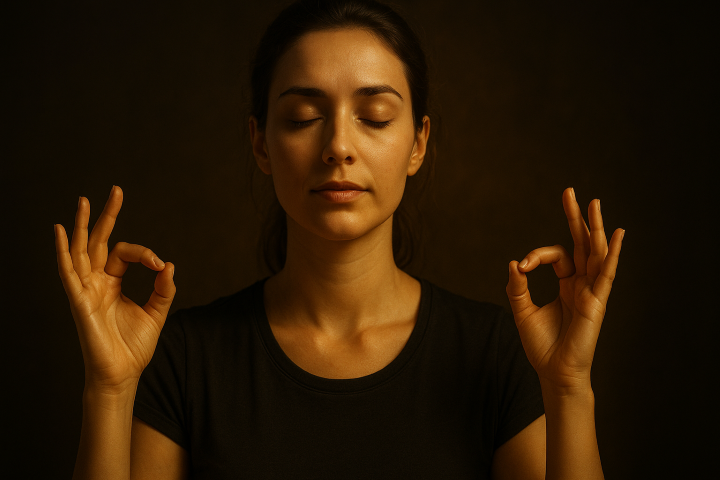 Fotorealistische Darstellung einer meditierenden Frau mit geschlossenen Augen und Mudra-Handhaltung, symbolisiert die Kraft positiven Denkens durch Geduld, Vertrauen und innere Ruhe.