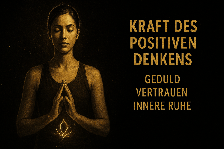 Meditierende Frau in gold-schwarzem Stil mit leuchtendem Symbol am Bauch und dem Text Kraft des positiven Denkens, Geduld, Vertrauen, Innere Ruhe.